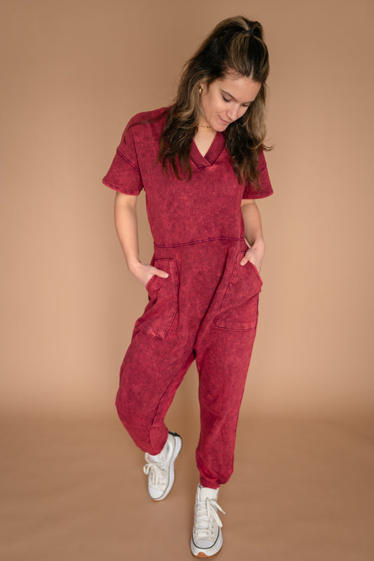Mineral wash jumpsuit Red